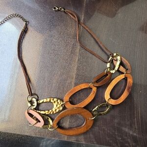 Wood And Gold and Leather Necklace